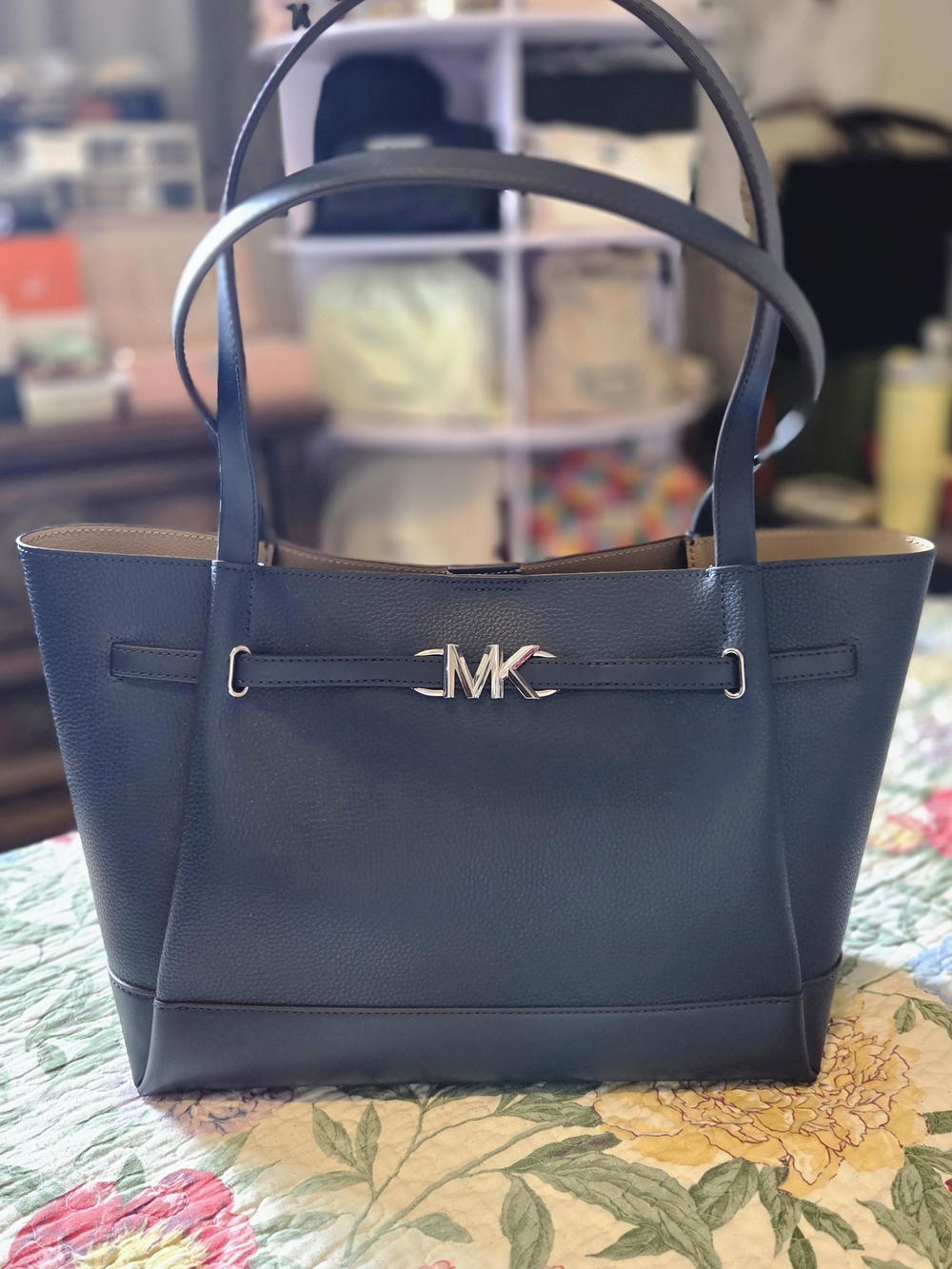Michael Kors Navy MK Logo Leather Tote